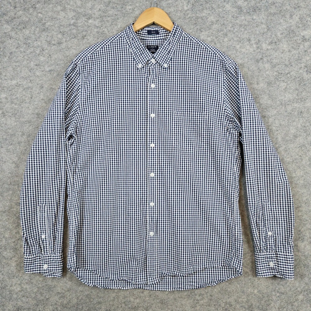 J‎ Crew Men's Navy Blue & White Checked Dress Shirt Size XL Slim Fit Flex Washed